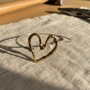 Mixed Metal Heart Bangle with Pearl Accent